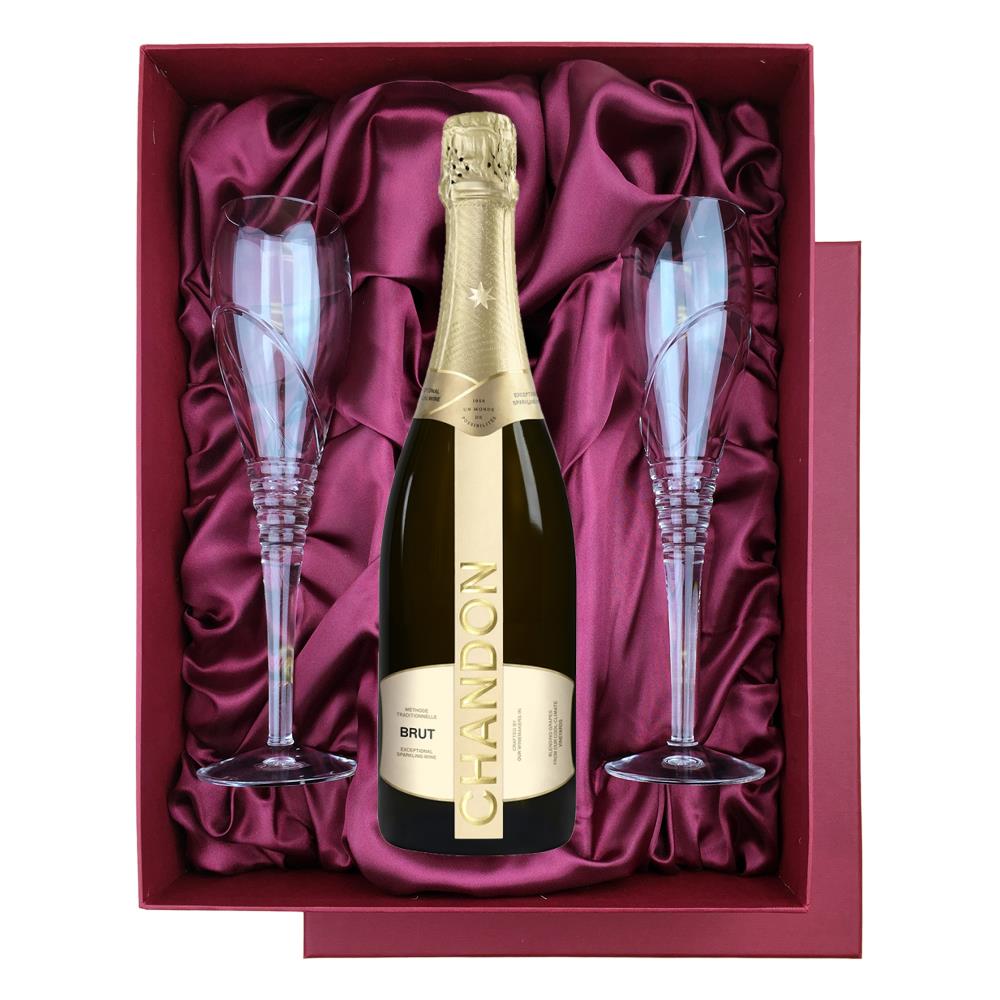 Chandon Brut Sparkling Wine 75cl in Red Luxury Presentation Set With Flutes